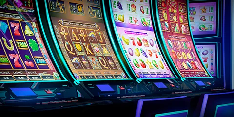 Close-up view of a fruit-themed video slot game on a slot machine with a curved display and neon lights, showcasing the colorful graphics of a casino slot game.